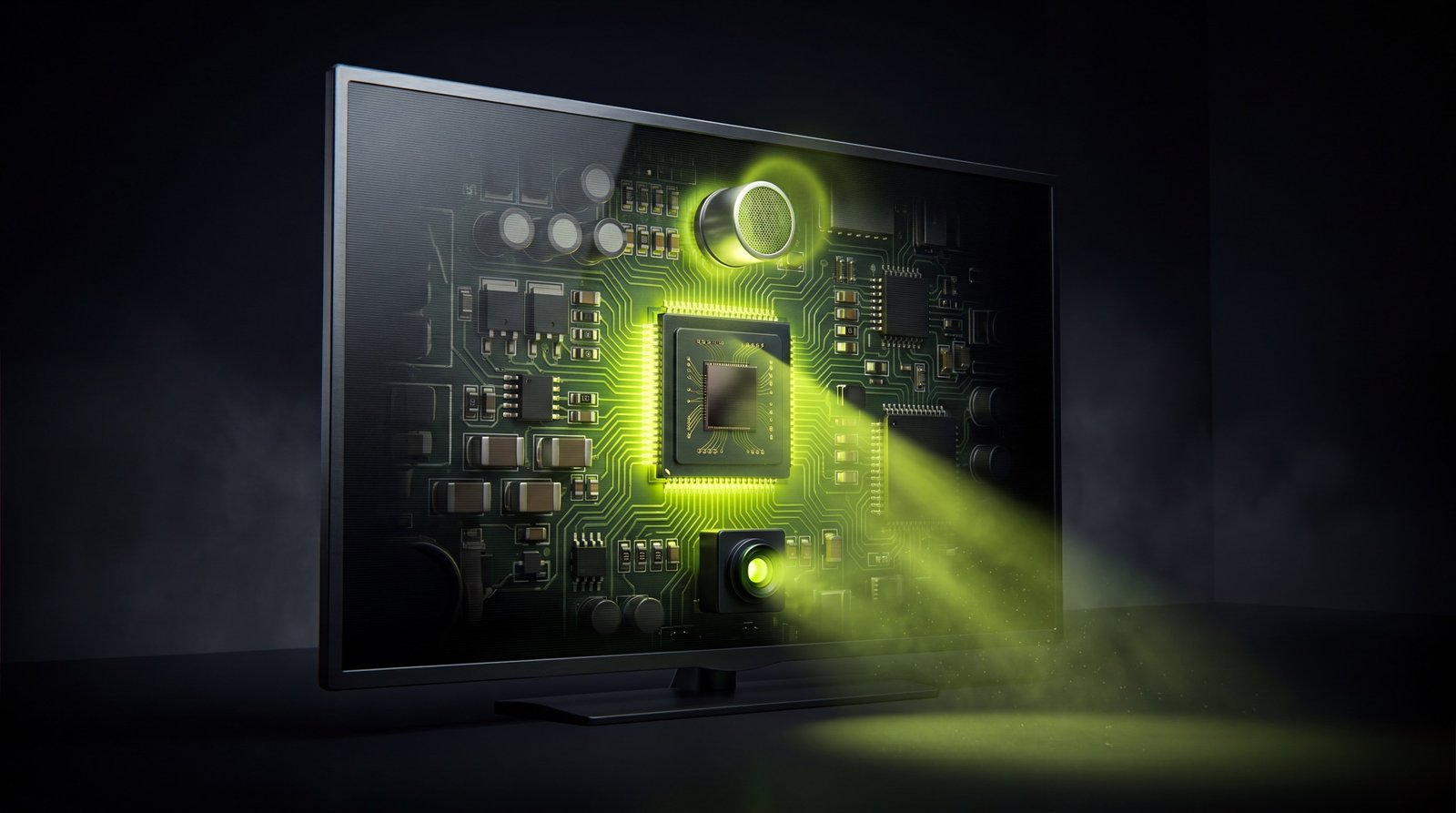 Smart TV revelando computadora interna: chip lime con haz volumétrico, micrófono electret y módulo de cámara real expuestos sobre PCB hyper-detallado, en sala oscura — el TV es un servidor Linux con sensores activos